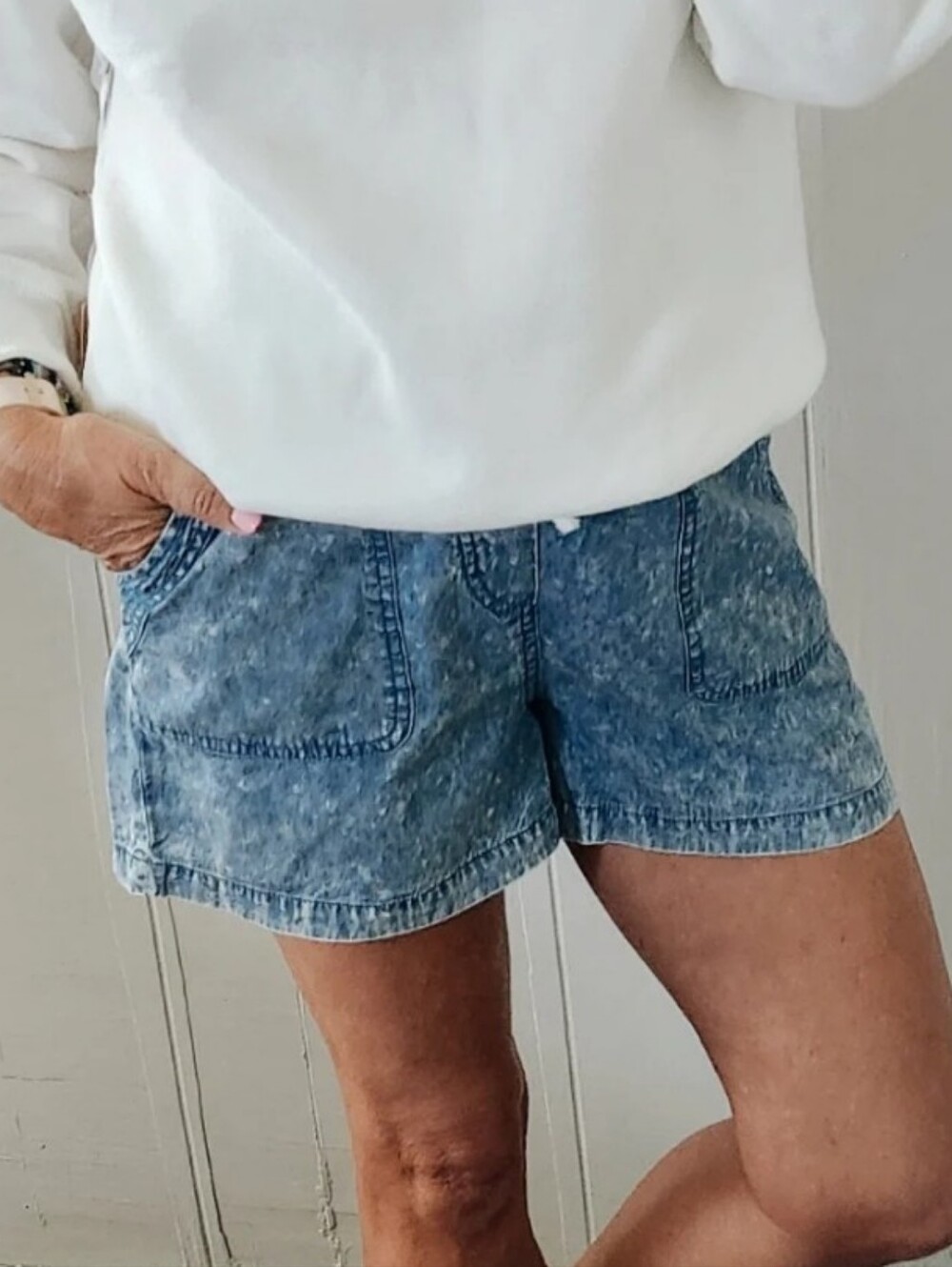Mahina Kimberly Shorts Chambray Acid Wash Drawstring Pockets Blue Small Womens